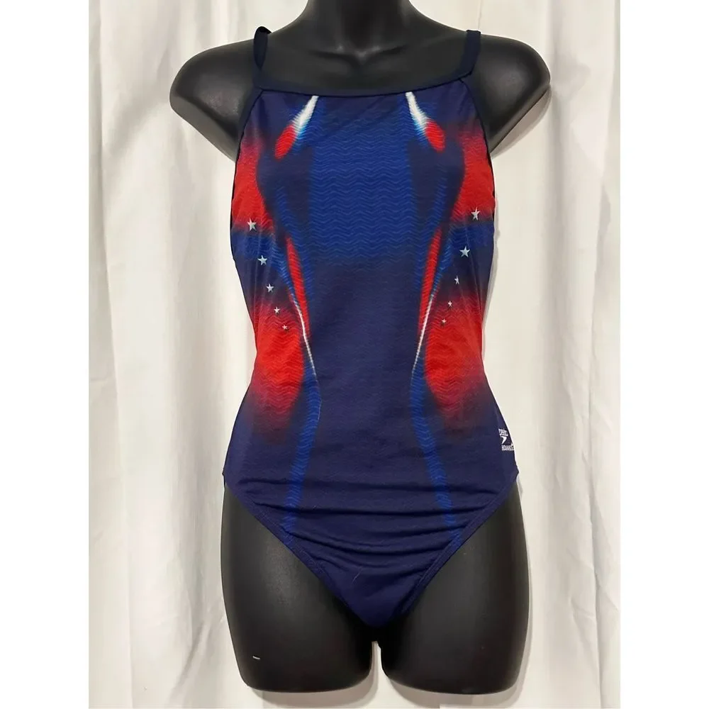 Great Condition Speedo Endurance One Piece Swimsuit sz 10/36 Red White Blue Star